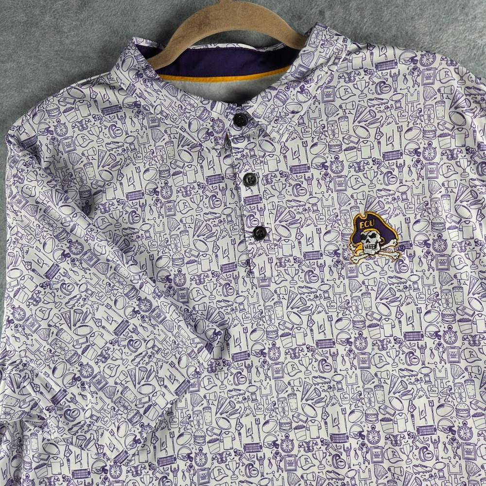 Colosseum ECU Pirates Polo Mens XL White Purple Football Doodle Print COPS11759